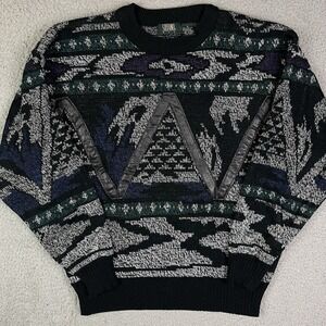 Vintage 90s Stefano Man Sweater Abstract Knit Pullover Black Gray Blue Pattern